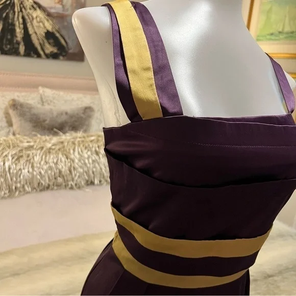 MINUET Purple Gold S Sleeveless Short Formal Stretch Natural Waist Pencil Dress - Picture 3 of 17